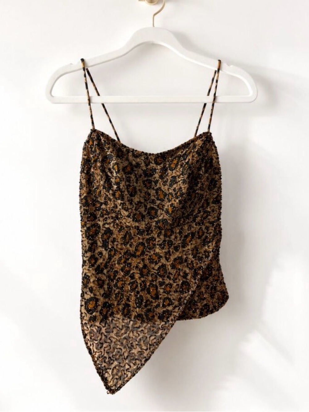 beaded silk Y2K vintage leopard assymetrical print Caché top - perfect condition